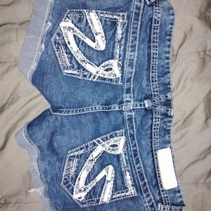 Vanity Blue Denim Jean Shorts with White Embroidered Back Pockets